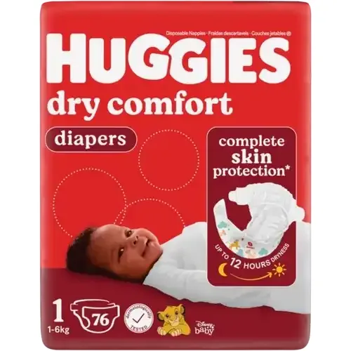 Huggies Dry Comfort Size 1 Disposable Nappies 1-6kg 76 Pack