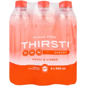 Thirsti Peach & Ginger Flavoured Sugar Free Sparkling Energy Drink 6 x 500ml